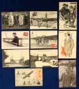 Postcards, Aviation, Bleriot selection, inc. RP, Dover 25 July 1909, Caricature by Mich, in plane,