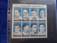 Trade cards, Australia Cole Stores, Cricketers series 2 uncut strips of 8 cards, set no 3 Australian