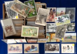 Postcards, Mixed, approx 1100 cards, printed, artist drawn and RPs to include comic, greetings,