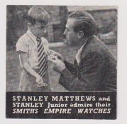 Trade card, Football, Smith's Empire Watches, Stanley Matthews, paper issue b/w advertising card
