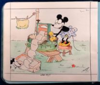Ephemera, a 1930s blue leather autograph book with 18 illustrated pages (Disney Minnie Mouse, Bonzo,