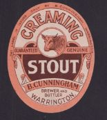 Beer label, B Cunningham, Warrington, vertical oval, 86mm high, Creaming Stout, (gd) (1)