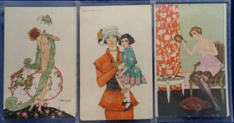 Postcards, 3 glamour cards inc. Art Nouveau design with pretty girl and foliage, illustrated by