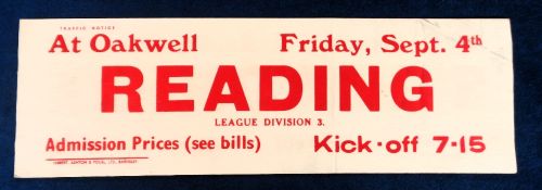 Football memorabilia, Barnsley v Reading, Friday 4 Sept 1964, a folded bus window match poster to