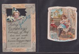Trade cards, Liebig, two early advertising items, Child peering through broken picture frame 12 x
