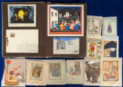 Ephemera, Greetings Cards, a 1930s album containing 60+ 1930s cards laid down. A mix of styles to