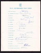 Cricket autographs, an MCC Tour Sheet for the Australasian Tour 1958/59 with original 18 ink