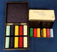 Gaming, a vintage box containing a quantity of poker chips, sold with a poker chip holder complete