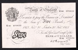 Bank Note, White Peppiatt £5 note K 82 070632 date Nov 20th 1945 (vg)