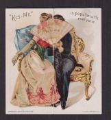 Trade card, USA, Kis-Me-Gum Co, fold-out novelty advertising card showing kissing couple behind