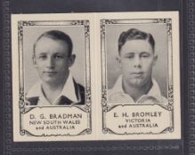 Trade card, Barratt Famous Cricketers 1934 folder type card, Donald Bradman / E Bromley (gd)