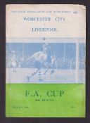 Football programme, Worcester City v Liverpool, 10 January 1959, FA Cup, with outer cover (sl cr,