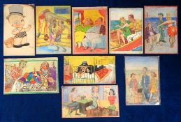Postcard Artwork, 9 original comic pictures by different artists, 1 in the style of Mabel Lucie