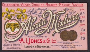 Cigarette card, A.I. Jones, Advertisement Card, detail of 'Alexia Mixture' on front, poem to reverse