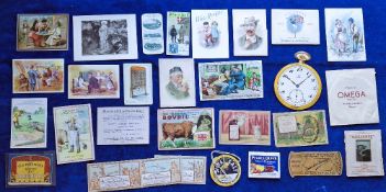Trade cards & ephemera, a collection of 28 items, Including Mechanical Omega Watch shaped card,