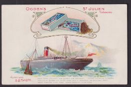 Cigarette card, Ogden's Liners Postcard type card, Allan Line SS Tunisian with advert for St