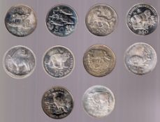 Coins, a collection of 10 1970s .925 silver coins featuring native animals. Malaysia, Zaire,