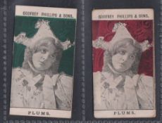 Cigarette cards, Phillips, Beauties, Plums, two cards, ref. H186, picture no 36, one green front (