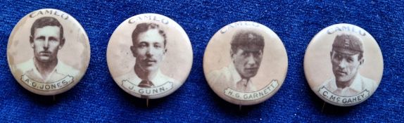 Cigarette cards, American Tobacco Co Celluloid Badges, Cricketers (4), Jones, Garnett, Gunn &