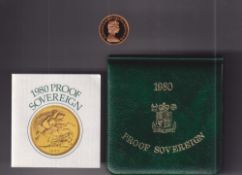 Coin, 1980 Proof Sovereign, in green plush Royal Mint box with paperwork (vg)