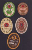 Beer labels, Crowley & Co Ltd, Alton, 5 vertical oval labels, Stout, 68mm high, (sl paper adhesion