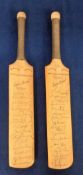Cricket autographs, two miniature cricket bats bearing multiple signatures of the Australian Touring