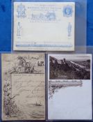 Postcards, 3 early cards, inc. pen and ink style German published card, showing couple sitting on