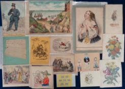 Ephemera, a collection of 90+ items mainly dating from the 19thC to include a piece of silk fabric