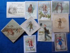 Ephemera, Ice Skating, 10 Victorian cards featuring ice skaters (some with adhesive marks to reverse