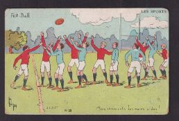 Rugby postcard, early 20th Century artist-drawn French postcard depicting comic image of Rugby match