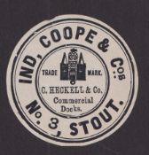 Beer label, Ind, Coope & Cos, No 3 Stout, circular label, C Heckell & Co, Commercial Docks,