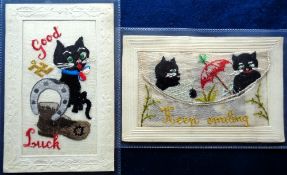 Postcards, Silks, 2 scarce black cat embroidered silk cards inc. black cat with horseshoe and old