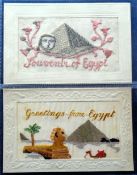 Postcards, Silks, 2 military in Egypt embroidered silk cards, both showing the Pyramids and