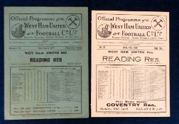 Football programmes, West Ham Res v Reading Res, two 4 page programmes, both London Combination,