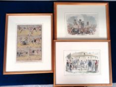 Football engravings, three original Victorian artist drawn hand coloured engravings all with