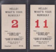 Cigarette cards, The South Wales Tobacco Co, Game of Numbers, two cards, 2 and 11 (gd) (2)
