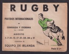 Rugby programme, Argentina v Ireland 24 Aug 1952, large format fold-out programme (some