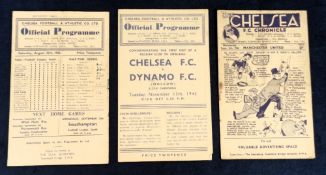 Football programmes, Chelsea FC, three home programmes v Nottingham Forest 25 Aug 1945 FLS (h/t