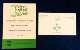 Rugby programme, Union de Rugby del Sur (Argentinian) v South Africa Gazelles dated 28 Sep 1972 sold