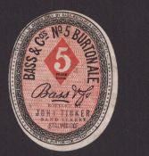 Beer label, Bass & Co, No 5 Burton Ale, bottled by John Tinker, Stalybridge, vertical oval,