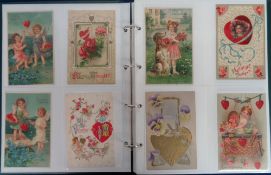 Postcards, Greetings, a collection of 120+ Valentine cards in modern green album. Themes include