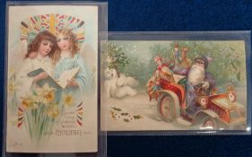 Postcards, HTL, a selection of 2 Christmas Hold to Light cards inc. Santa in motorcar filled with