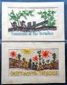 Postcards, Silks, 2 embroidered military silks showing life in the trenches, with artillery and