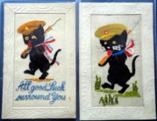 Postcards, Silks, 2 similar military silks showing a caricature of a marching Tommy as a black