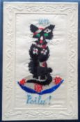 Postcards, Silks, a scarce card of a black cat sitting on a cushion providing good luck. This is a
