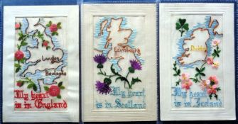 Postcards, Silks, 3 patriotic embroidered silk cards each showing a map of Scotland, Ireland, and