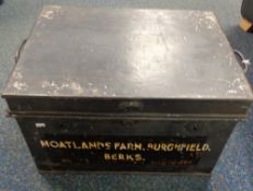 Deed Box, a tin deed box with 2 handles and 3 locks hand painted with the words Moatlands Farm,