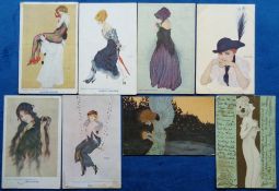 Postcards, Kirchner, a collection of 8 glamour cards illustrated by Raphael Kirchner, with 7 later