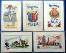 Postcards, Silks, 5 embroidered silk cards of named French and Belgian villages. Includes Loos,