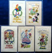 Postcards, Silks, 5 better designs of military embroidered silks with 'Hurrah for Tommy' a Punch and